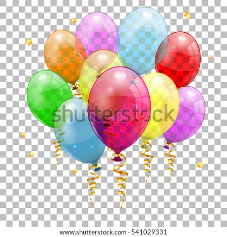 Holiday Background with Balloons, Streamer and Confetti on transparent background, isolated vector illustration