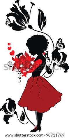 Silhouette little girl with lovely bouquet valentine illustration