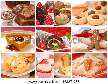Collage showing a variety of delicious pastries, desserts and baked goods including cookies, pies, cakes, and muffins - stock photo