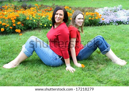 Beautiful Barefoot Mother Daughter Sitting On Stock Photo 17218288 ...