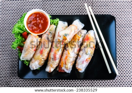 spring rolls with vegetables and chicken on a plate