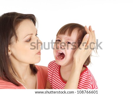 Woman and her daughter in a red sweater on a white background