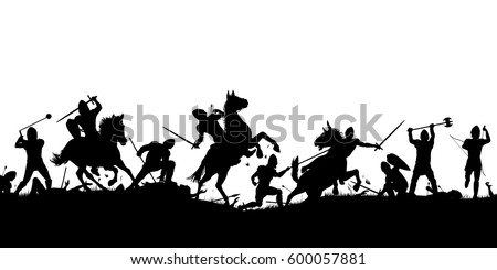 Vector silhouette illustration of a medieval battle scene with cavalry and infantry with figures as separate objects