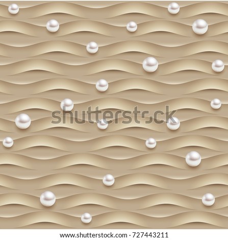 Seamless texture of sand waves with white pearls. Vector pattern with shiny jewelry pearls on soft sand-dune. EPS 10