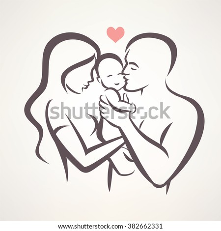 happy family stylized vector symbol, young parents and baby