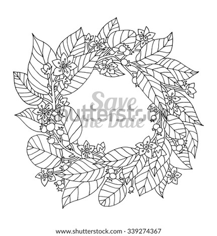 Forest Flowers Wreath Wild Berries Save The Date Vector Coloring Book Page