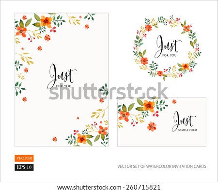 Vector set of invitation cards with watercolor flowers elements and calligraphic letters. Wedding collection