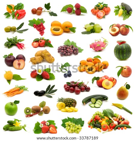 large page of bio fruits and vegetables on white background