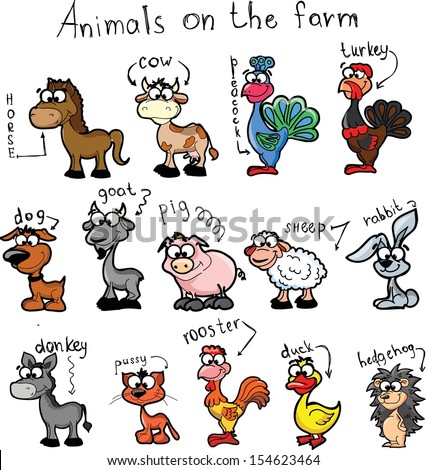 Set Cute Cartoon Animals On Farm Stock Vector 154623464 - Shutterstock