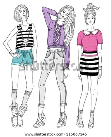 Young Fashion Girls Illustration Vector Illustration Stock Vector ...