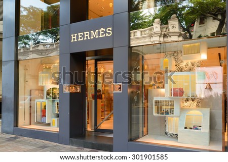 HONG KONG - MAY 7: Hermes Store in Hong Kong on May 7, 2014. Hermes is famous luxury brand existing since 1837. It had 2.4 billion EUR revenue in 2010.