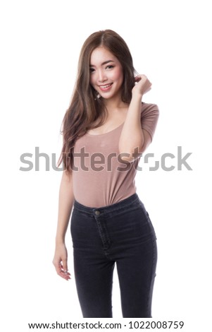 Beautiful Young Girl Solo - Beautiful young asian woman in bodysuit and black jeans, isolated on white  background