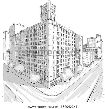 Architectural Sketch Modern Bank Building Pencil Stock Illustration 