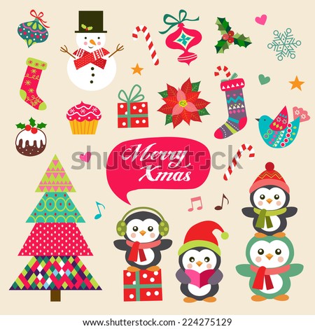 Vector set of Christmas decoration with symbols, icons elements