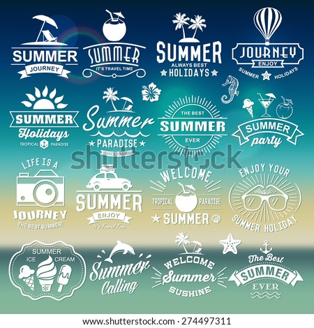 Summer typography designs. Summer logotypes set. Vintage design elements, logos, labels, icons, objects and calligraphic designs. Summer holidays.