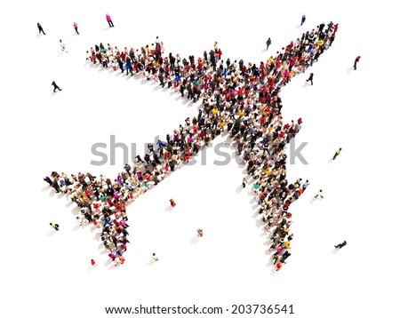 People traveling. Large group of people in the shape of an aircraft on a white background.