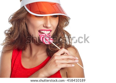 Što misliš da sada radi osoba iznad prikaži slikom - Page 14 Stock-photo-beauty-fashion-model-girl-eating-colourful-lollipop-lollypop-surprised-young-funny-woman-458410189