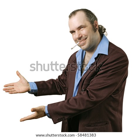 A sleazy car salesman, Con man, retro suit wearing man with happy smile showing you his deals.