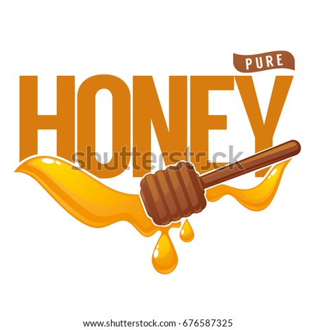 Pure Honey, symbol, logo, label, emblem, honey drops and lettering composition