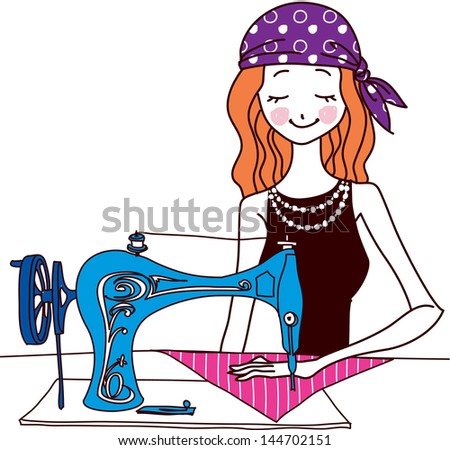 Vector illustration of a woman working at a sewing machine - stock vector