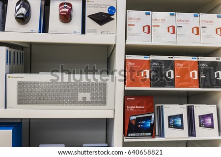 Cincinnati - Circa May 2017: Surface accessories and Office 365 software at a Microsoft Retail Technology Store VII