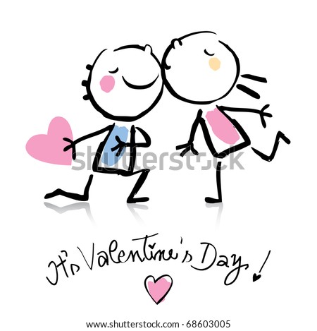 Valentine's Day kiss, cartoon romantic people in love