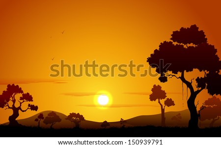 illustration of sunset view of jungle