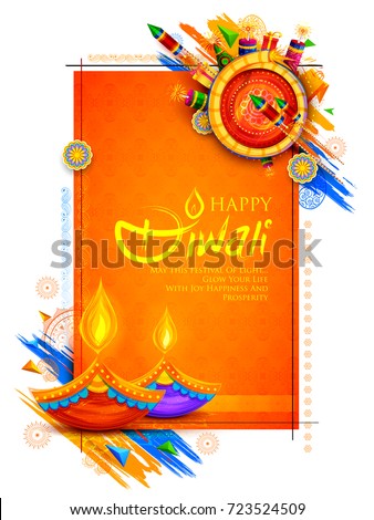 illustration of burning diya and firecracker on Happy Diwali Holiday background for light festival of India