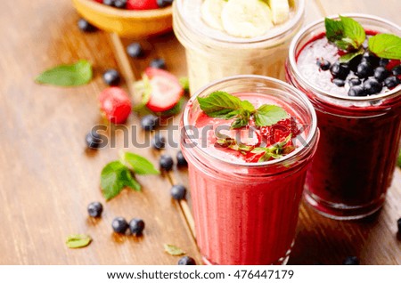 Blueberry strawberry and banana mix smoothie on the table