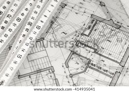 Architecture Blueprints House metric folding ruler architectural drawings modern stock photo Architecture Blueprints House metric folding ruler architectural drawings modern stock photo