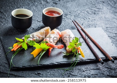 Spring rolls with vegetables served with soy sauce