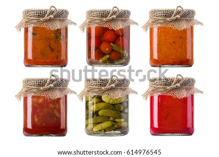 jars of pickled vegetables. Marinated food.