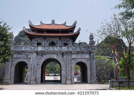 Hoa Lu, Vietnam - Apr, 20, 2015: Tourists visiting temple in Hoa Lu, Vietnam