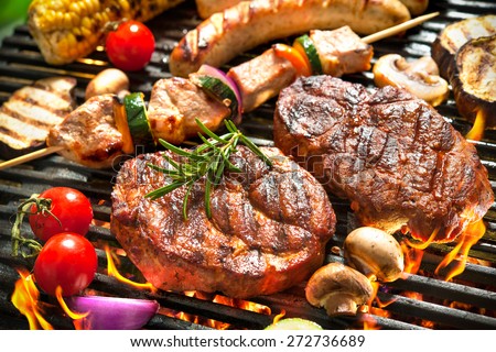 Assorted delicious grilled meat with vegetable over the coals on a barbecue