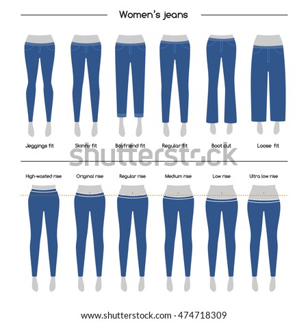 stock vector set of basic types of women s jeans types of rises jeans silhouette of different styles isolated 474718309