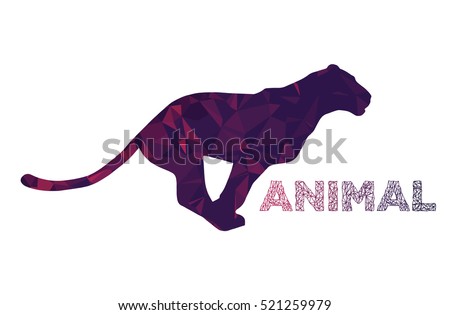 Panther, puma, wild cat sign with text. Running animal logo, label, mascot, symbol, icon template. Polygonal illustration, idea of corporate sign for business and sport. Vector artistic silhouette.