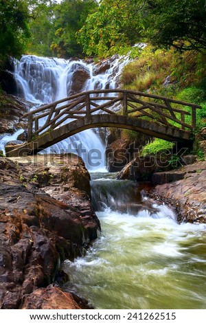 bridge and waterfall with the river in the wood (Vietnam, Asia)
