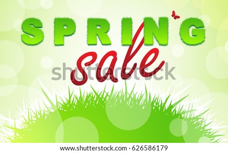 SPRING SALE words. SPRING word from grass. Fresh green and eco theme. Business concept. Vector illustration.