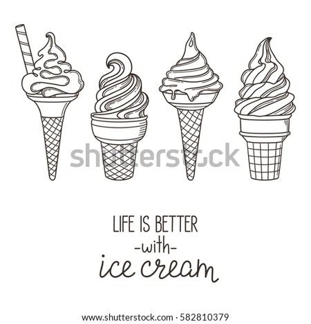 Set of hand drawn soft serve ice cream cones. Life is better with ice cream lettering