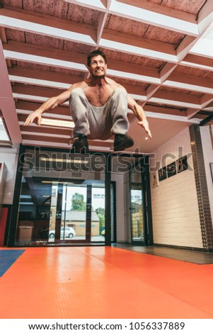 Aalst, Belgium - October 13, 2012: professional stuntman O. B. on training