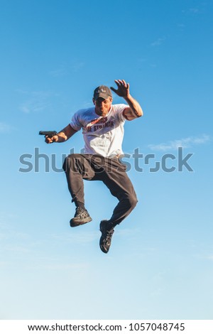 Aalst, Belgium - March 11, 2012: professional stuntman acting in a film