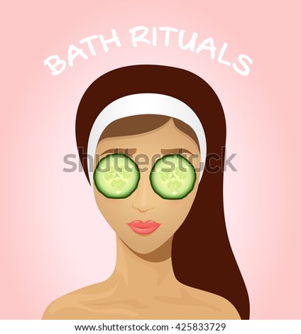 Beautiful woman with facial mask of cucumber slices on face. Beauty treatment. Bath rituals. Flat style