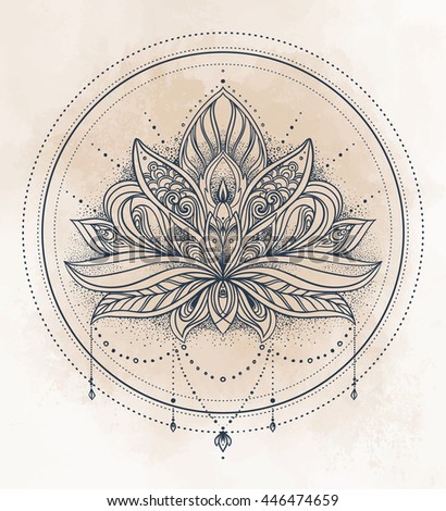 Vector ornamental Lotus flower, ethnic art, patterned Indian paisley. Hand drawn illustration. Invitation element. Tattoo, astrology, alchemy, boho and magic symbol.