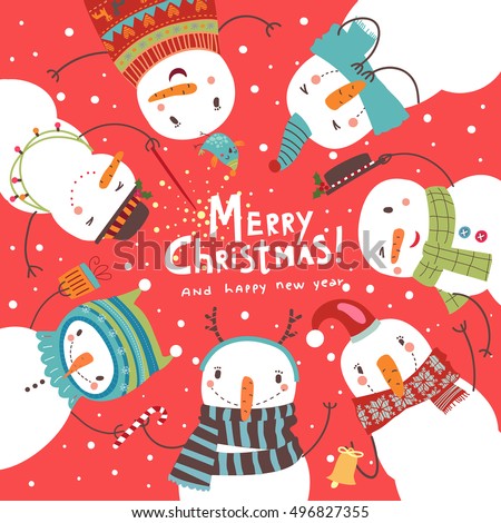 Christmas card. Round dance of snowmen
