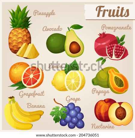 Set of food icons. Fruits. Pineapple, avocado, pomegranate, grapefruit, lemon, papaya, banana, grape, nectarine.
