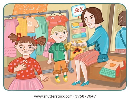 Mother With Children In The Childrens Clothing Store Mother With Children In The Childrens Clothing Store