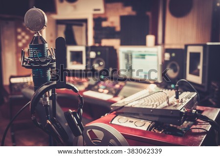 Close-up of boutique recording studio control desk.