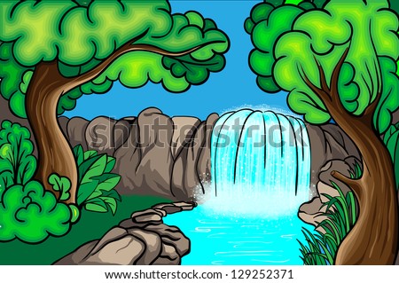 Cartoon Style Waterfall Forest Stock Vector 129252371 - Shutterstock