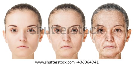Aging process, rejuvenation anti-aging skin procedures. Old and young faces isolated on white background