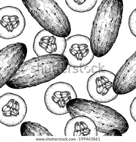 Seamless background with ink hand drawn vegetables. Healthy food background. Black cucumber isolated on white